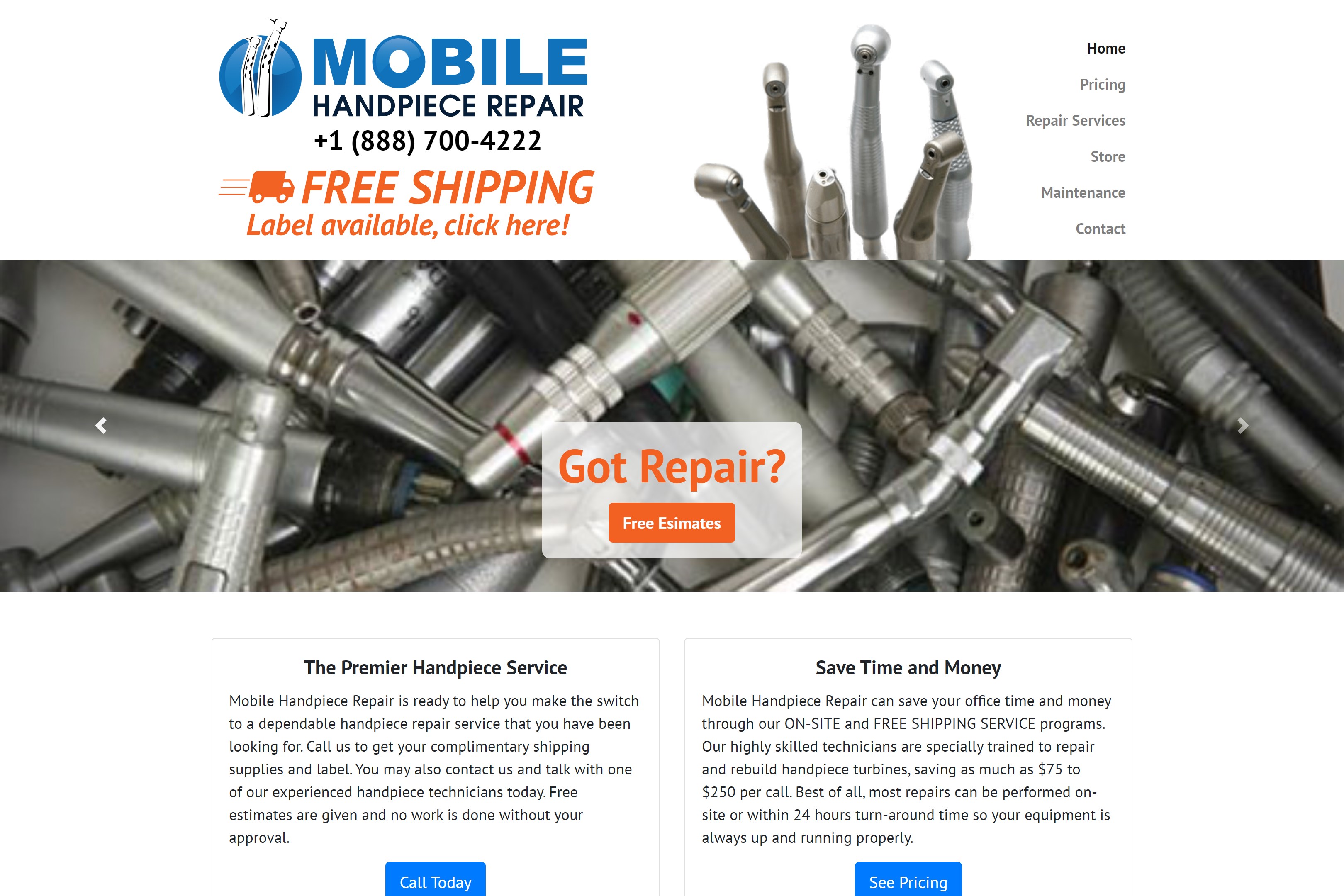 Screenshot of current Mobile Handpiece Repair website